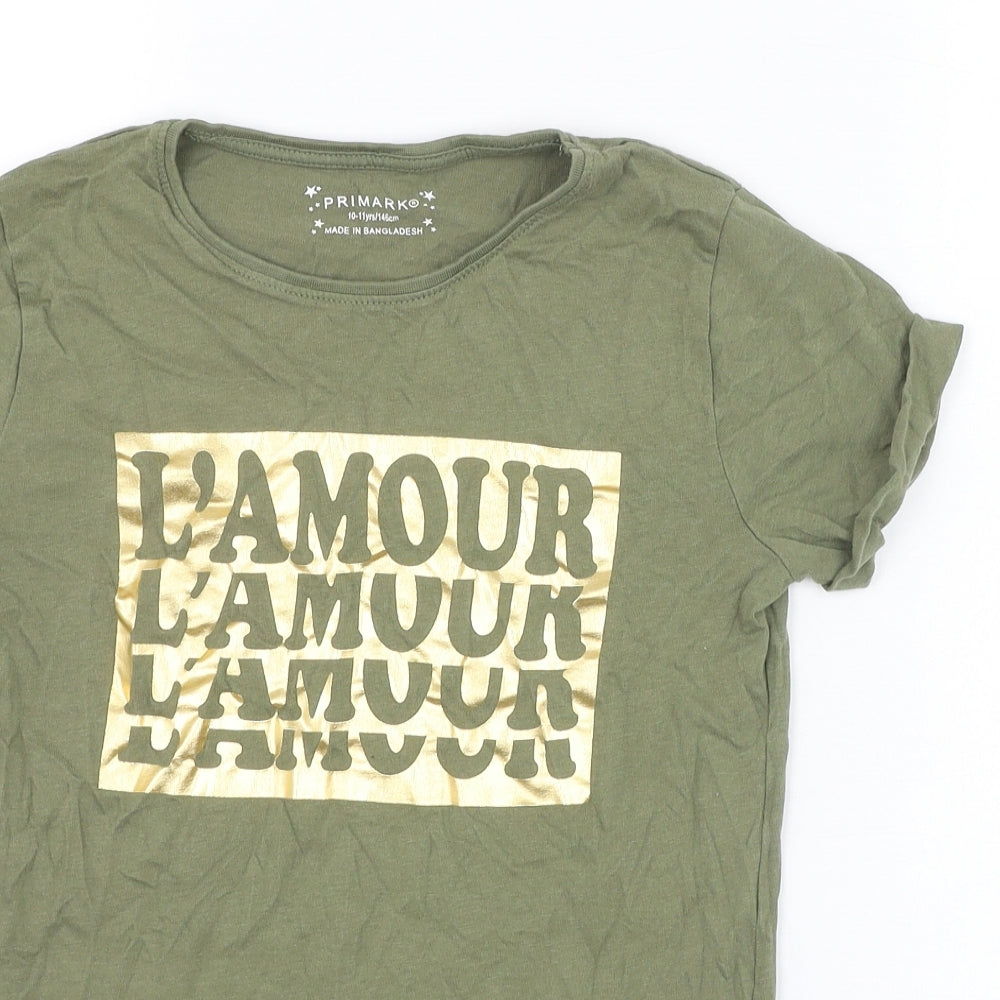 Primark Girls Green  Cotton Basic T-Shirt Size 10-11 Years Round Neck Pullover - L'amour