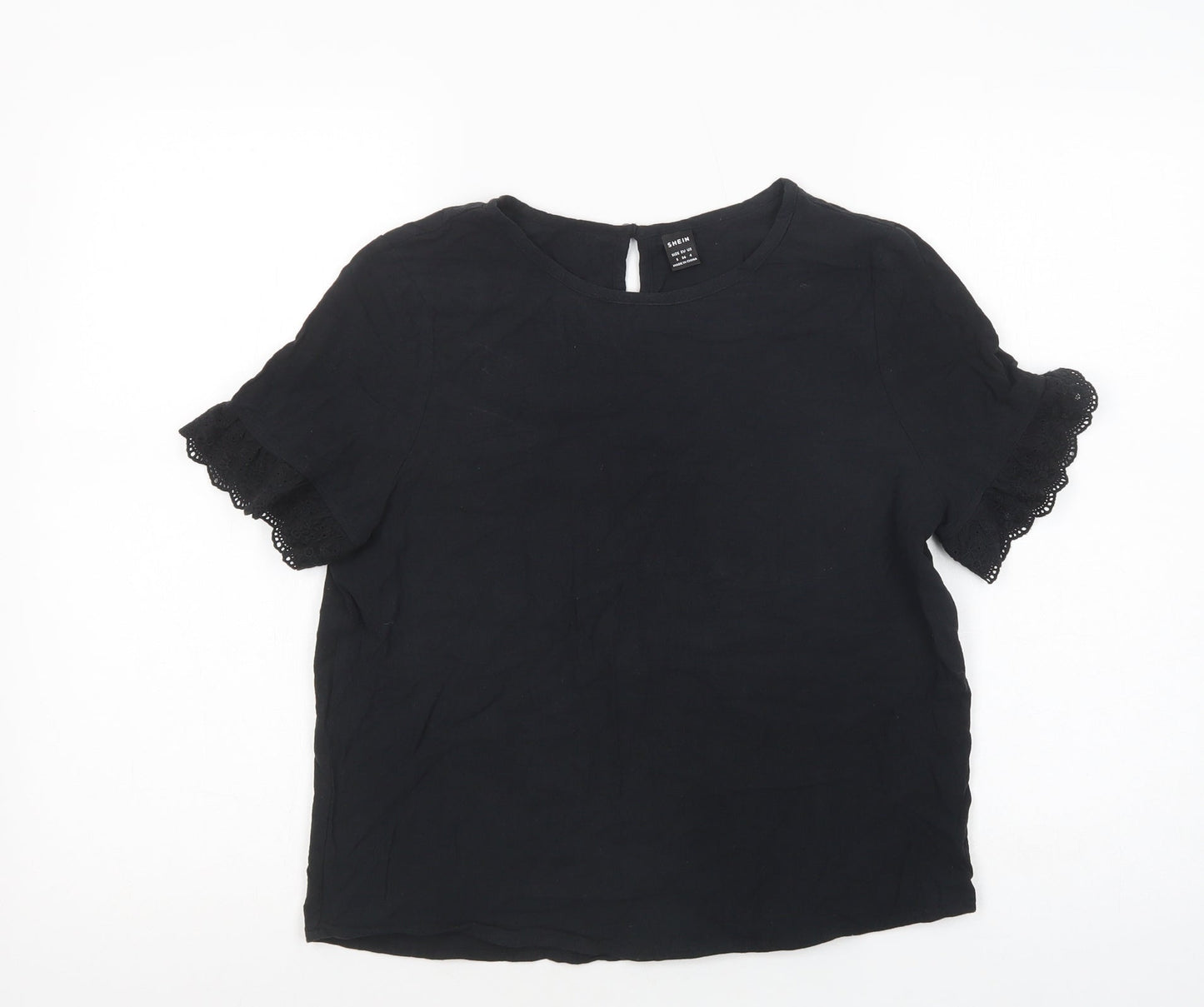 SheIn Womens Black  Cotton Basic Blouse Size S Crew Neck - Lace Detail
