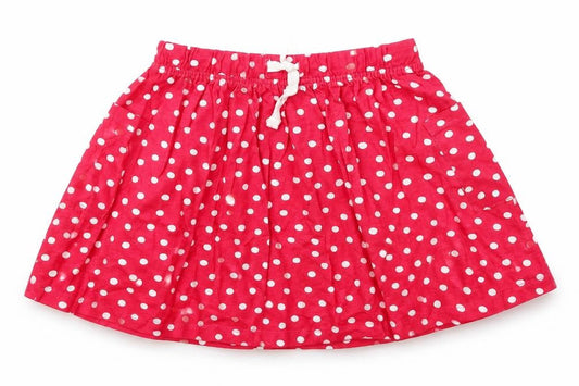 Front view of So Cute girls’ red polka dot cotton skater skirt, size 2-3, years regular drawstring