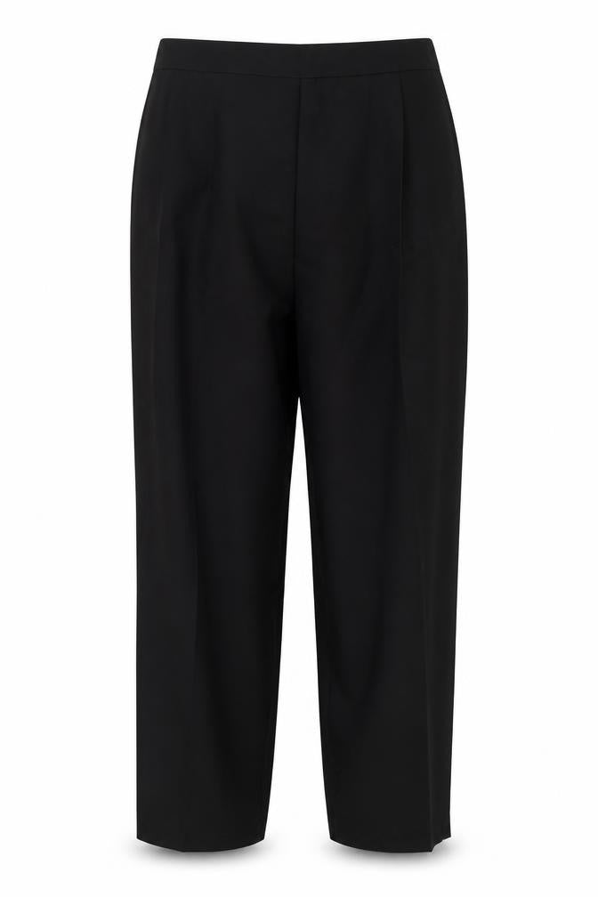 Front view of Preworn women’s black polyester trousers, size UK 30, in, 25-inch leg regular