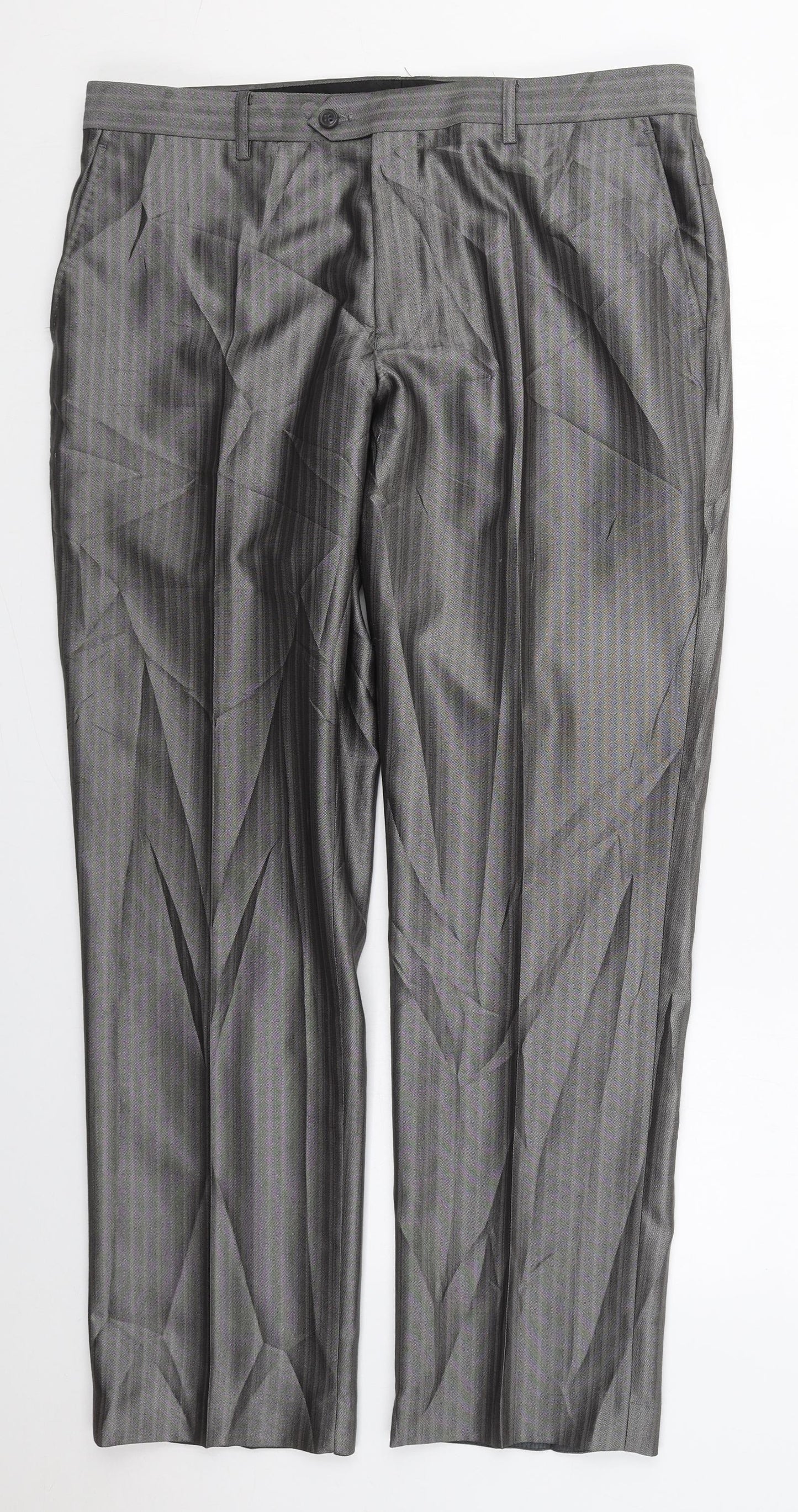 Milan Collection Mens Grey Striped Polyester Trousers  Size 37 L30 in Regular Button