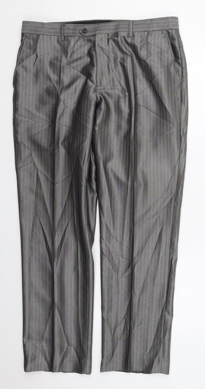 Milan Collection Mens Grey Striped Polyester Trousers  Size 37 L30 in Regular Button