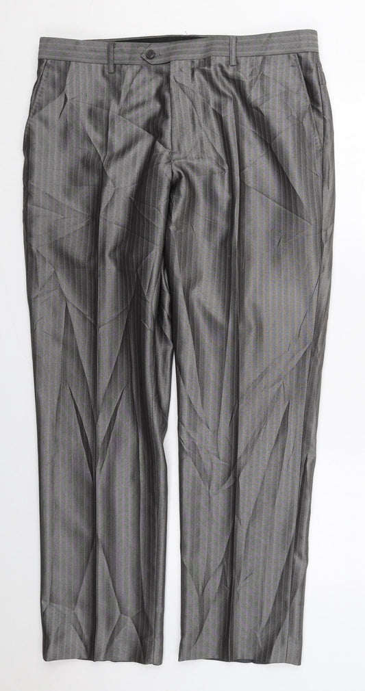 Milan Collection Mens Grey Striped Polyester Trousers  Size 37 L30 in Regular Button