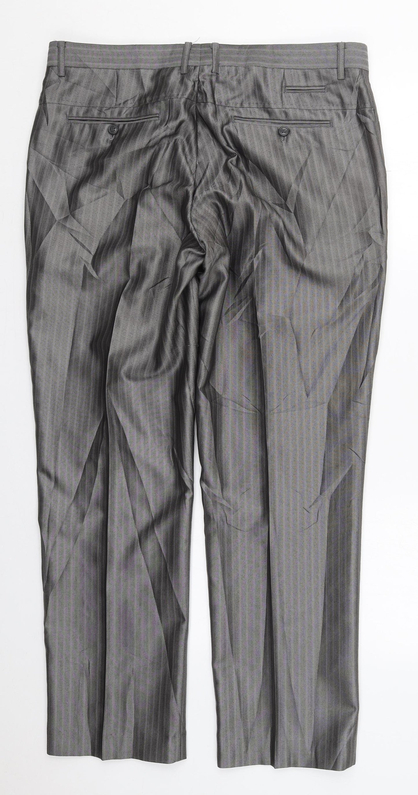 Milan Collection Mens Grey Striped Polyester Trousers  Size 37 L30 in Regular Button