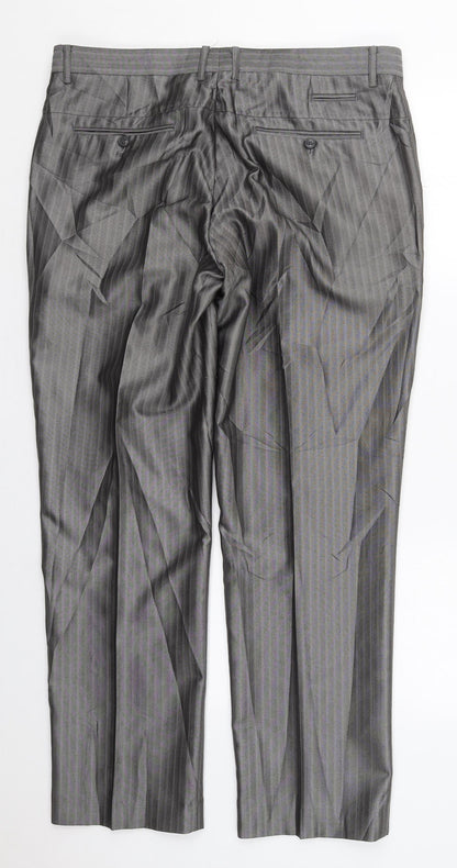 Milan Collection Mens Grey Striped Polyester Trousers  Size 37 L30 in Regular Button