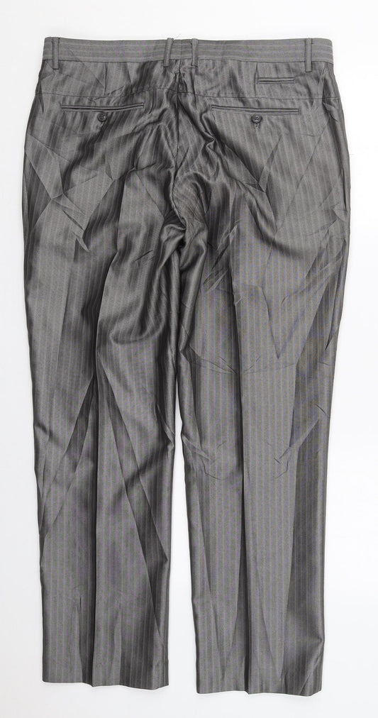 Milan Collection Mens Grey Striped Polyester Trousers  Size 37 L30 in Regular Button
