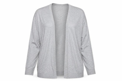 Front view of H&M women’s grey v-neck acrylic cardigan jumper, size L