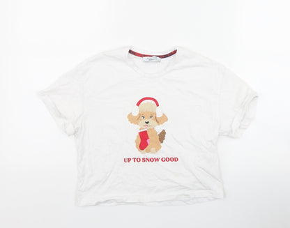 New Look Girls White  Cotton Basic T-Shirt Size XS Round Neck Pullover - 'Up to snow good'