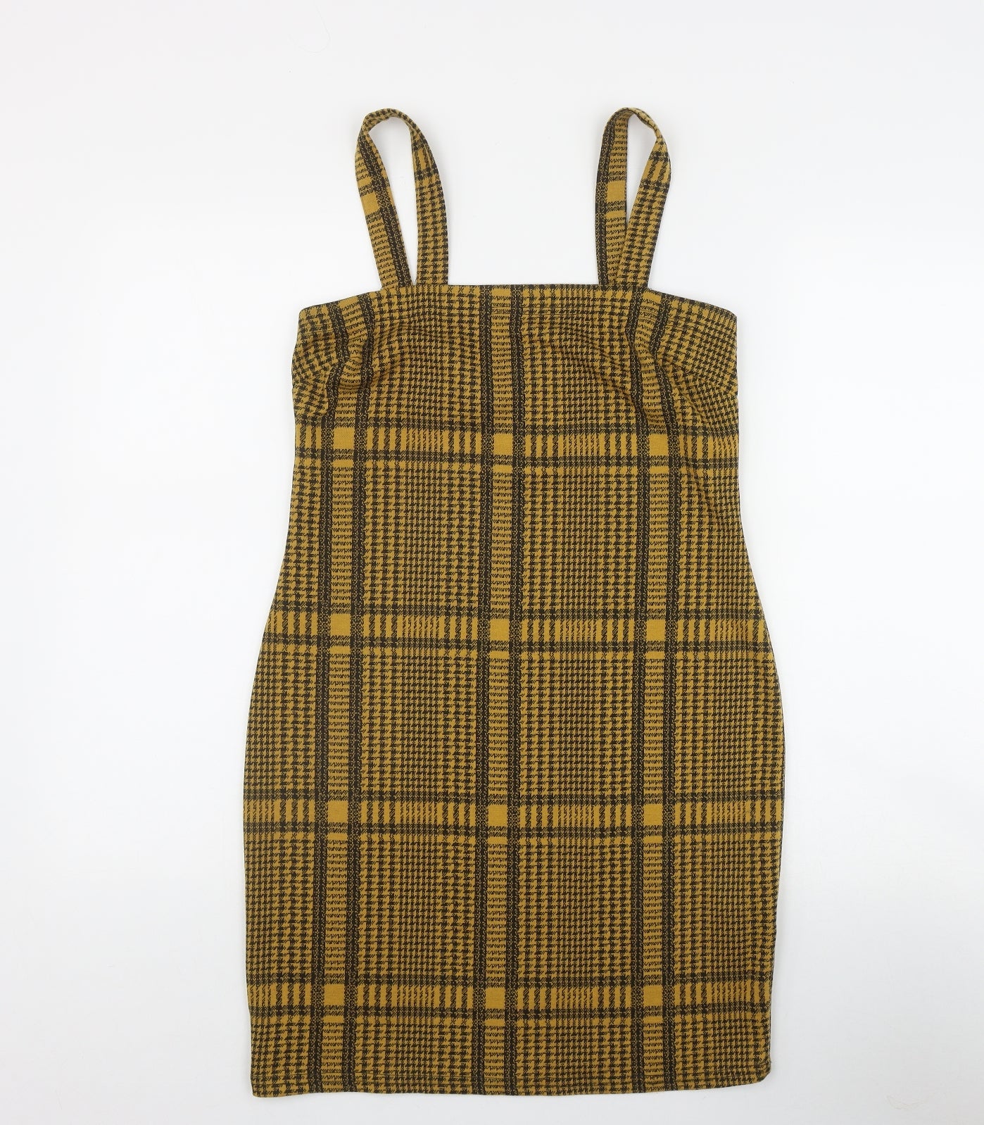 Primark Womens Yellow Plaid Polyester Shift  Size 8  Square Neck Pullover