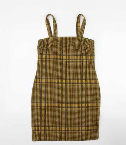 Primark Womens Yellow Plaid Polyester Shift  Size 8  Square Neck Pullover