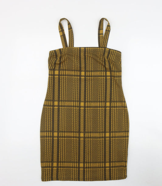 Primark Womens Yellow Plaid Polyester Shift  Size 8  Square Neck Pullover