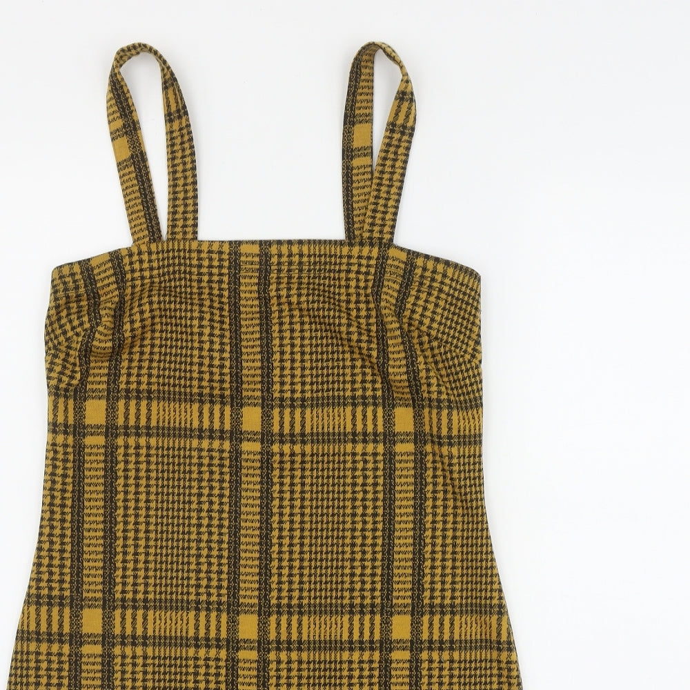 Primark Womens Yellow Plaid Polyester Shift  Size 8  Square Neck Pullover