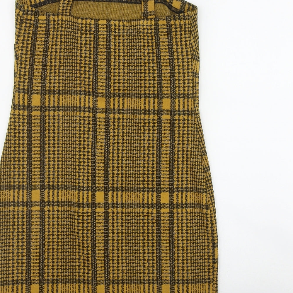 Primark Womens Yellow Plaid Polyester Shift  Size 8  Square Neck Pullover