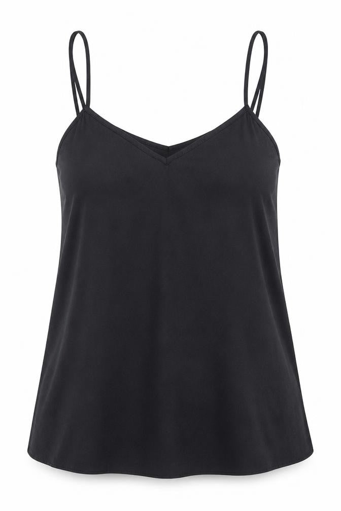 Front view of River Island women’s black animal print polyester camisole blouse, size UK 10, round neck