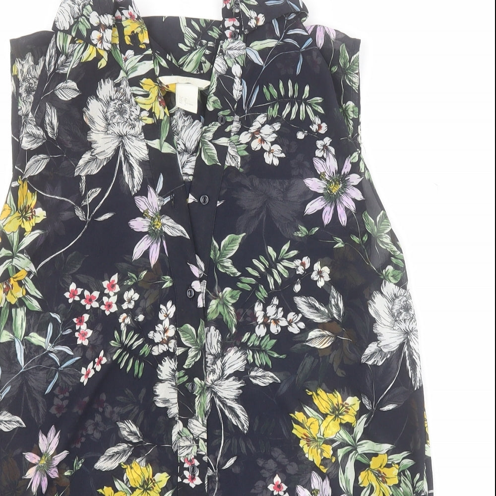 H&M Womens Blue Floral Polyester Basic Blouse Size 10 Collared