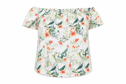 Front view of Peacocks women’s white floral viscose basic t-shirt, size UK 8, off the shoulder