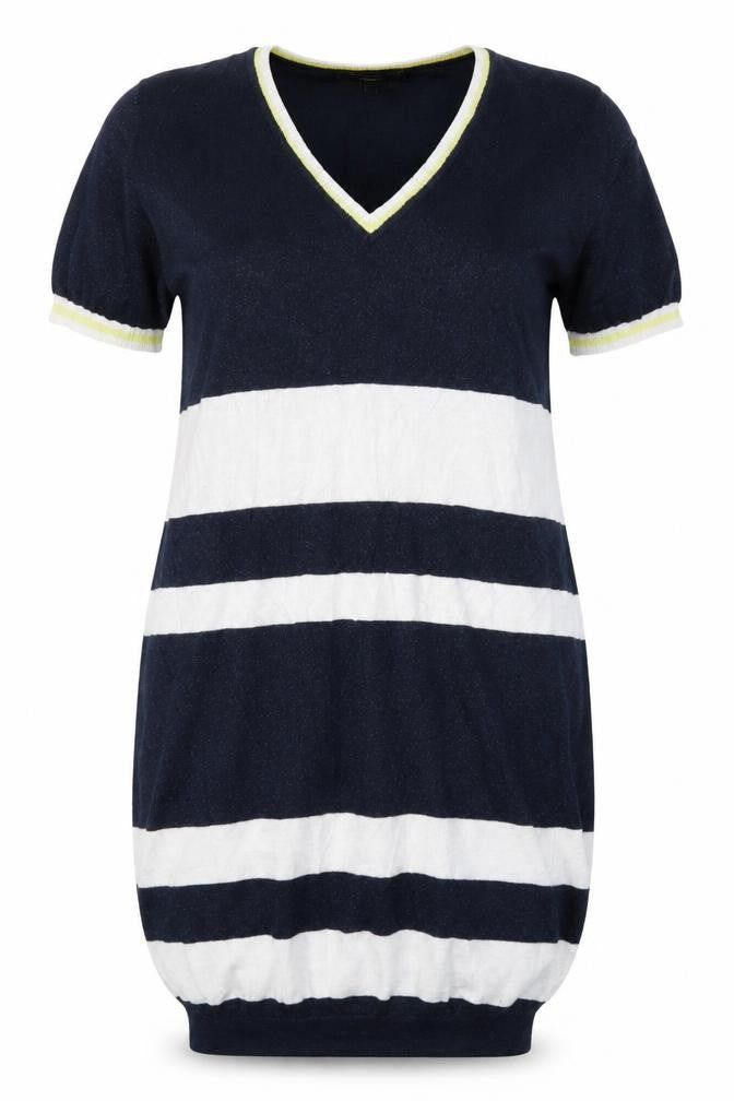 Front view of Next women’s blue striped cotton jumper dress, size UK 10, v-neck pullover
