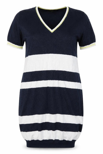 Front view of Next women’s blue striped cotton jumper dress, size UK 10, v-neck pullover