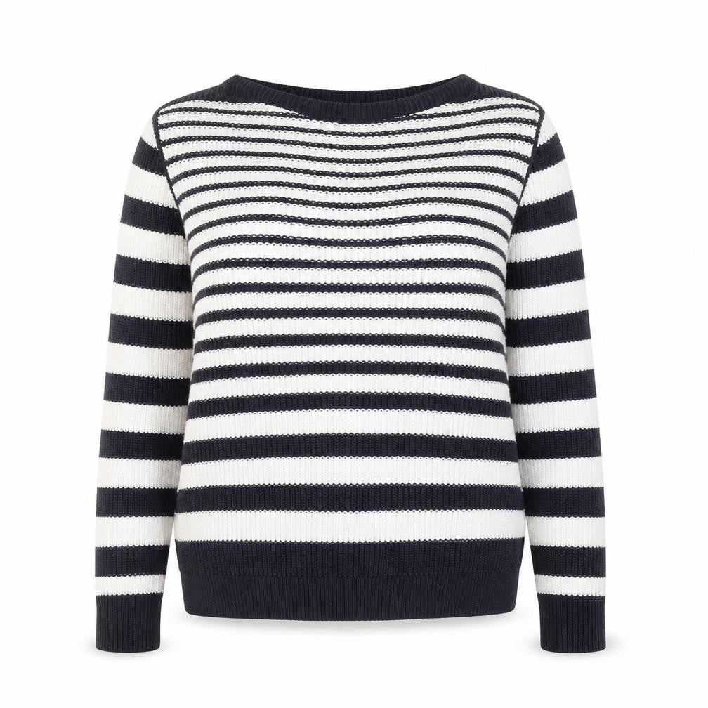 Front view of Marks & Spencer women’s white boat neck striped cotton jumper, size M