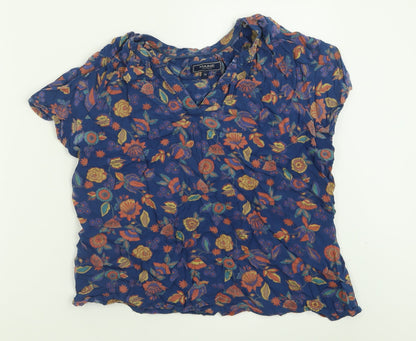 Maine Womens Blue Floral Viscose Basic T-Shirt Size 14 V-Neck