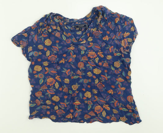 Maine Womens Blue Floral Viscose Basic T-Shirt Size 14 V-Neck