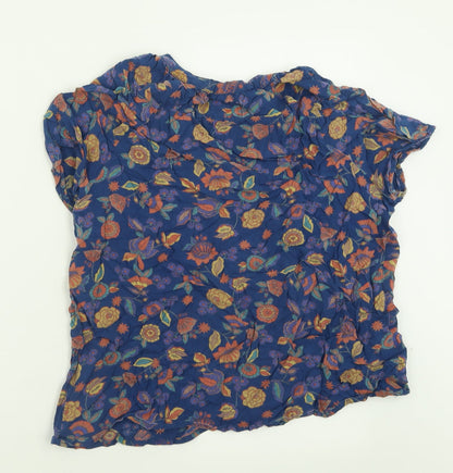 Maine Womens Blue Floral Viscose Basic T-Shirt Size 14 V-Neck