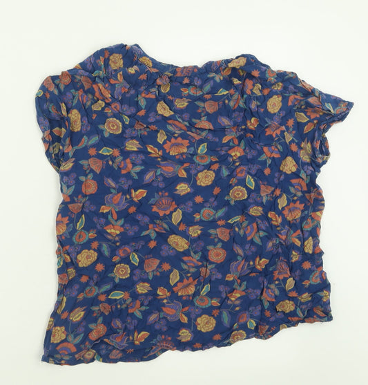 Maine Womens Blue Floral Viscose Basic T-Shirt Size 14 V-Neck