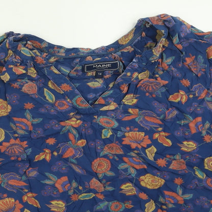 Maine Womens Blue Floral Viscose Basic T-Shirt Size 14 V-Neck