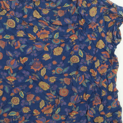 Maine Womens Blue Floral Viscose Basic T-Shirt Size 14 V-Neck