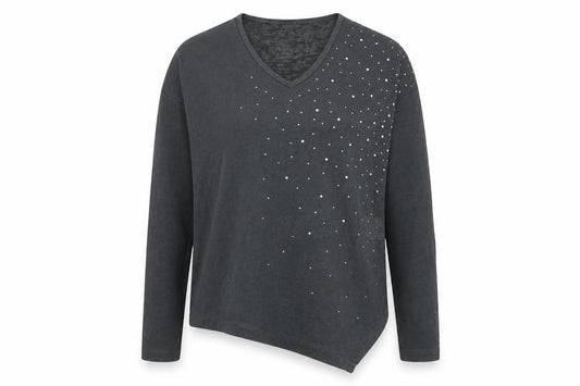 Front view of marble women’s grey v-neck polyester jumper, size UK 10