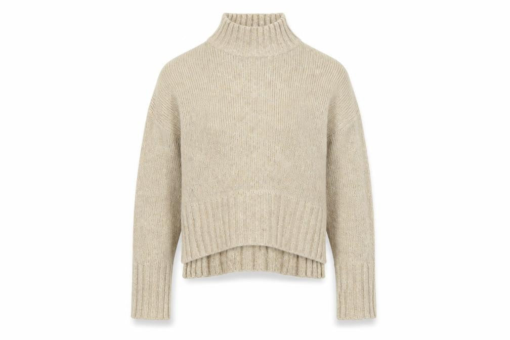 Front view of New Look women’s beige high neck acrylic jumper, size S