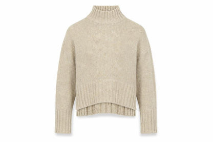 Front view of New Look women’s beige high neck acrylic jumper, size S