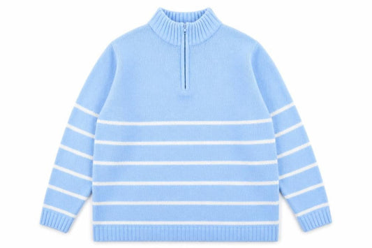 Front view of Berkertex women’s blue high neck striped acrylic jumper, size UK 14