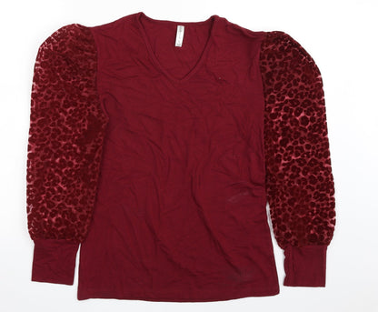 Poplin Womens Red V-Neck Animal Print Viscose Pullover Jumper Size S