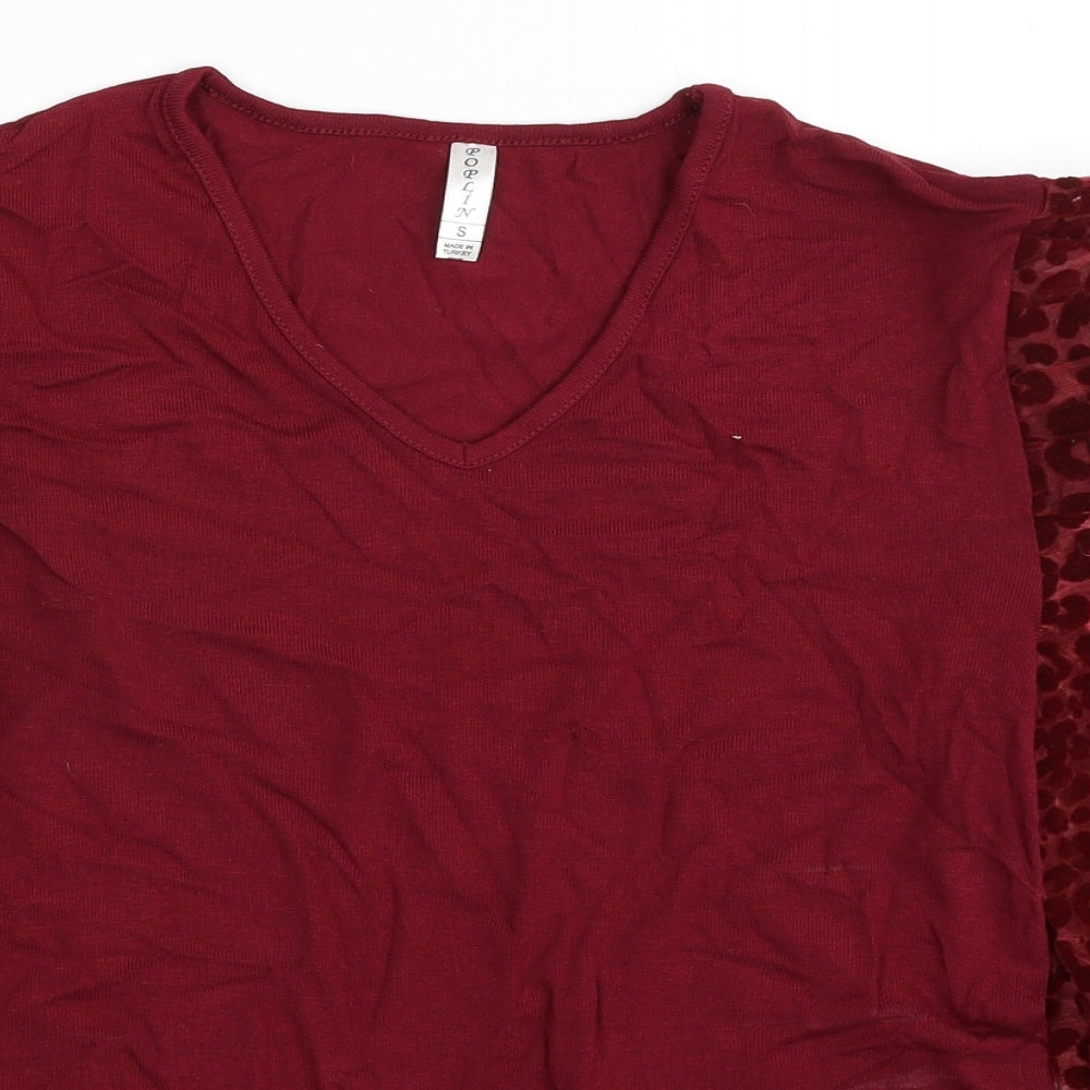 Poplin Womens Red V-Neck Animal Print Viscose Pullover Jumper Size S