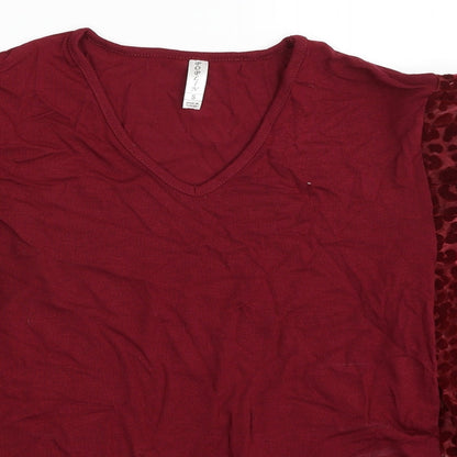 Poplin Womens Red V-Neck Animal Print Viscose Pullover Jumper Size S
