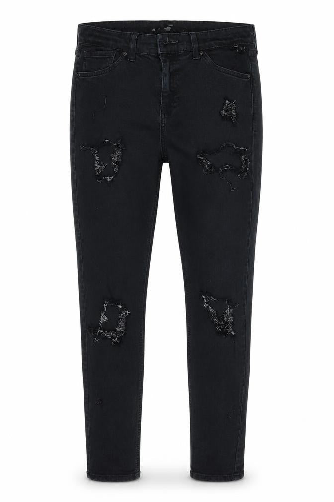 Front view of Topshop women’s blue cotton skinny jeans, size UK 30, in, 30-inch leg slim zip