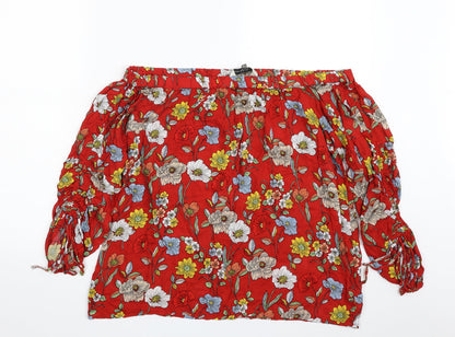 F&F Womens Red Floral Viscose Basic Blouse Size 14 Off the Shoulder - Tie