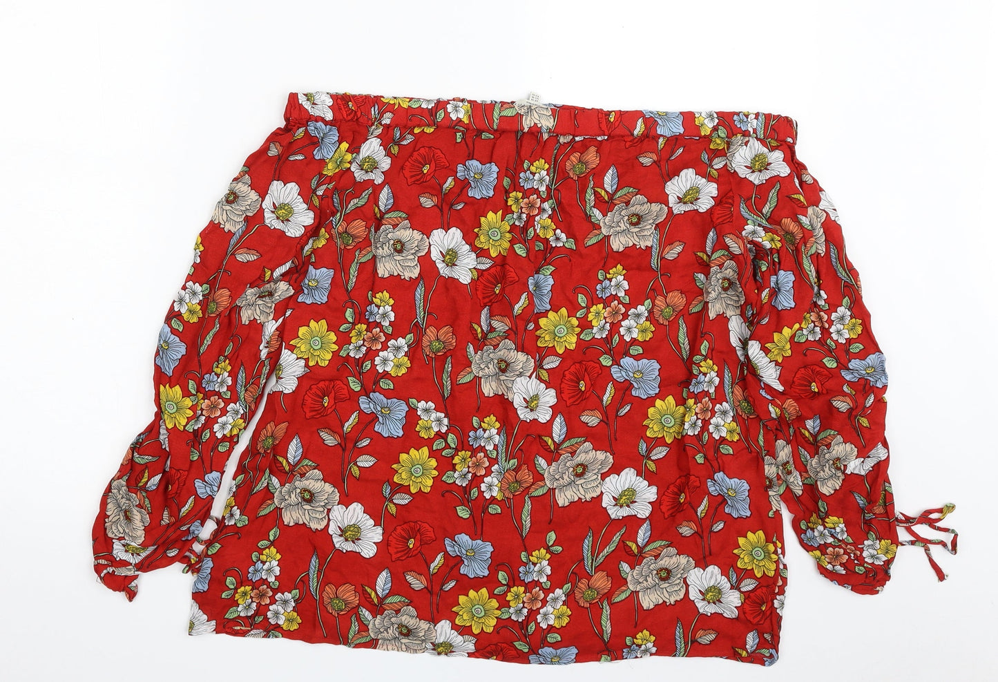 F&F Womens Red Floral Viscose Basic Blouse Size 14 Off the Shoulder - Tie