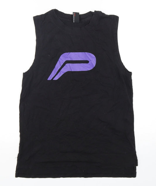 Front view of Pursue Fitness women’s black cotton basic tank, size S, round neck pullover
