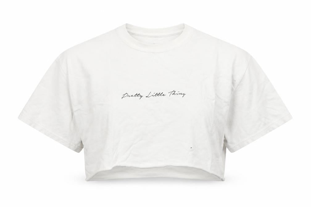 Front view of PRETTYLITTLETHING women’s white cotton cropped t-shirt, size S, round neck