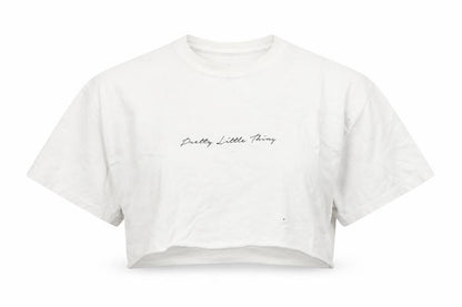 Front view of PRETTYLITTLETHING women’s white cotton cropped t-shirt, size S, round neck