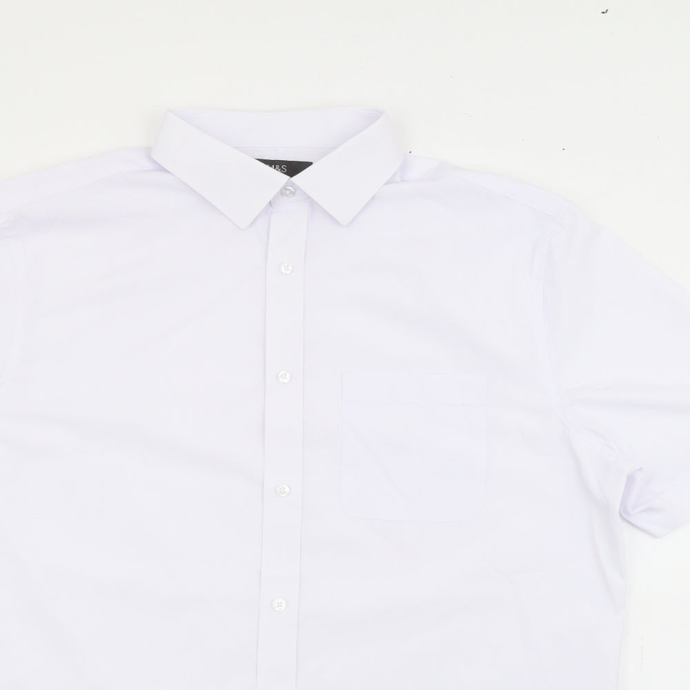 Mens UK Size 16 Marks and Spencer White  Button-Up Short Sleeve Casual Shirt