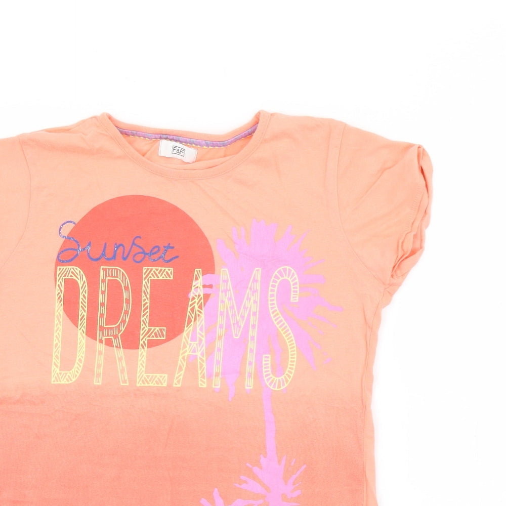 F&F Girls Orange  Cotton Pullover T-Shirt Size 12-13 Years Crew Neck
