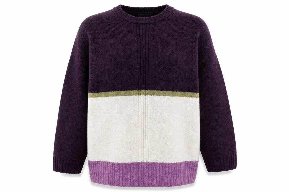 Front view of Marks & Spencer women’s multicoloured round neck striped acrylic jumper, size XL