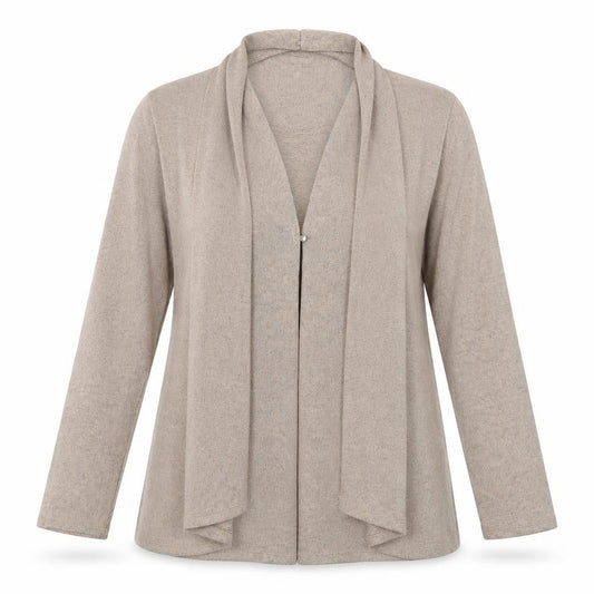 Front view of TIGI women’s brown v-neck polyester cardigan jumper, size UK 14