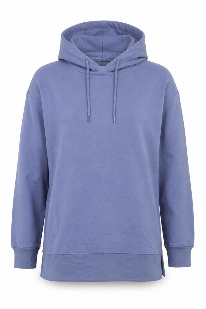 Front view of Dunnes women’s blue cotton pullover hoodie, size S, pullover