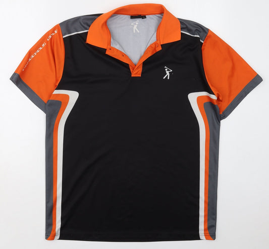 Dangerous Gold Mens Black Striped Polyester  Polo Size L Collared Pullover - Orange
