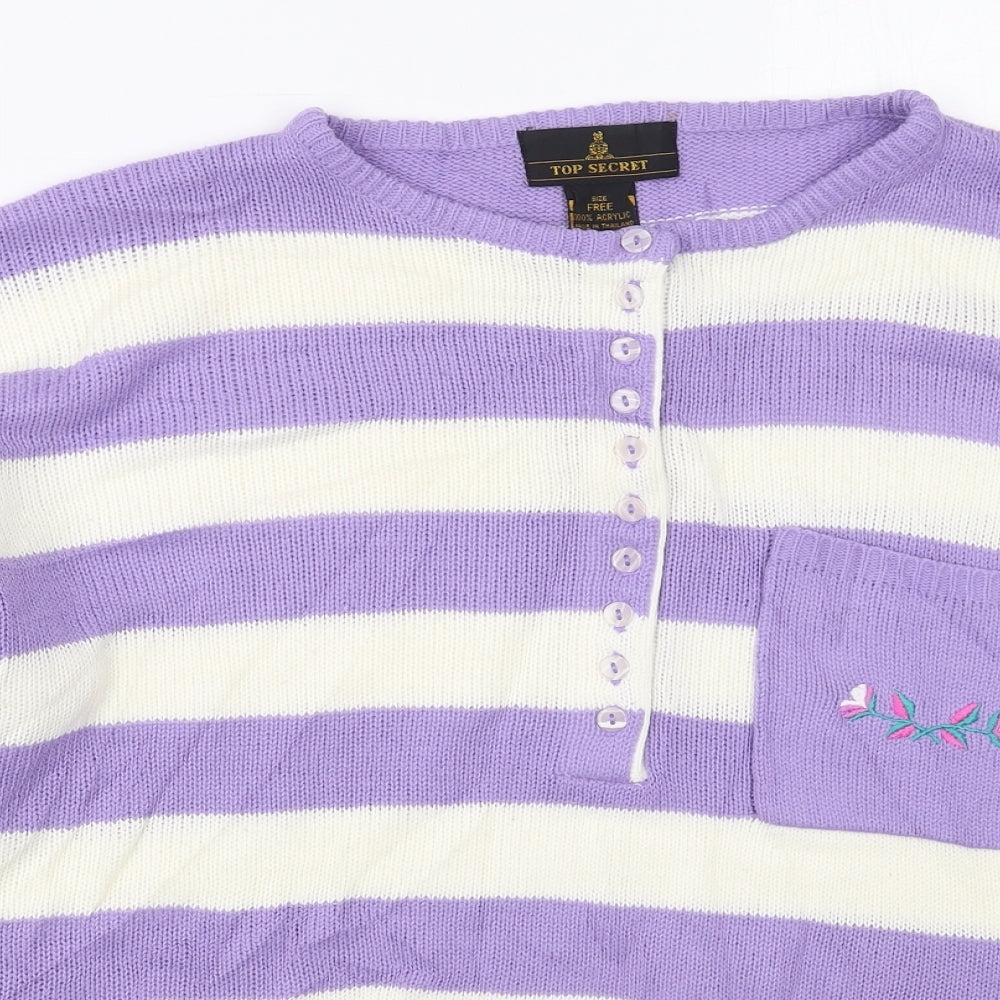 Top Secret Womens Purple Crew Neck Striped Acrylic Pullover Jumper One Size