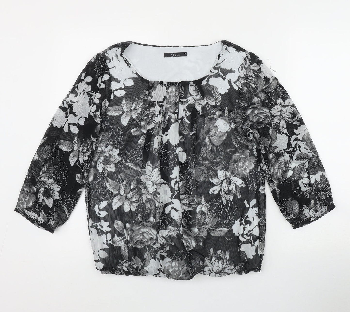 BM Womens Black Floral Polyester Basic Blouse Size 10 Round Neck